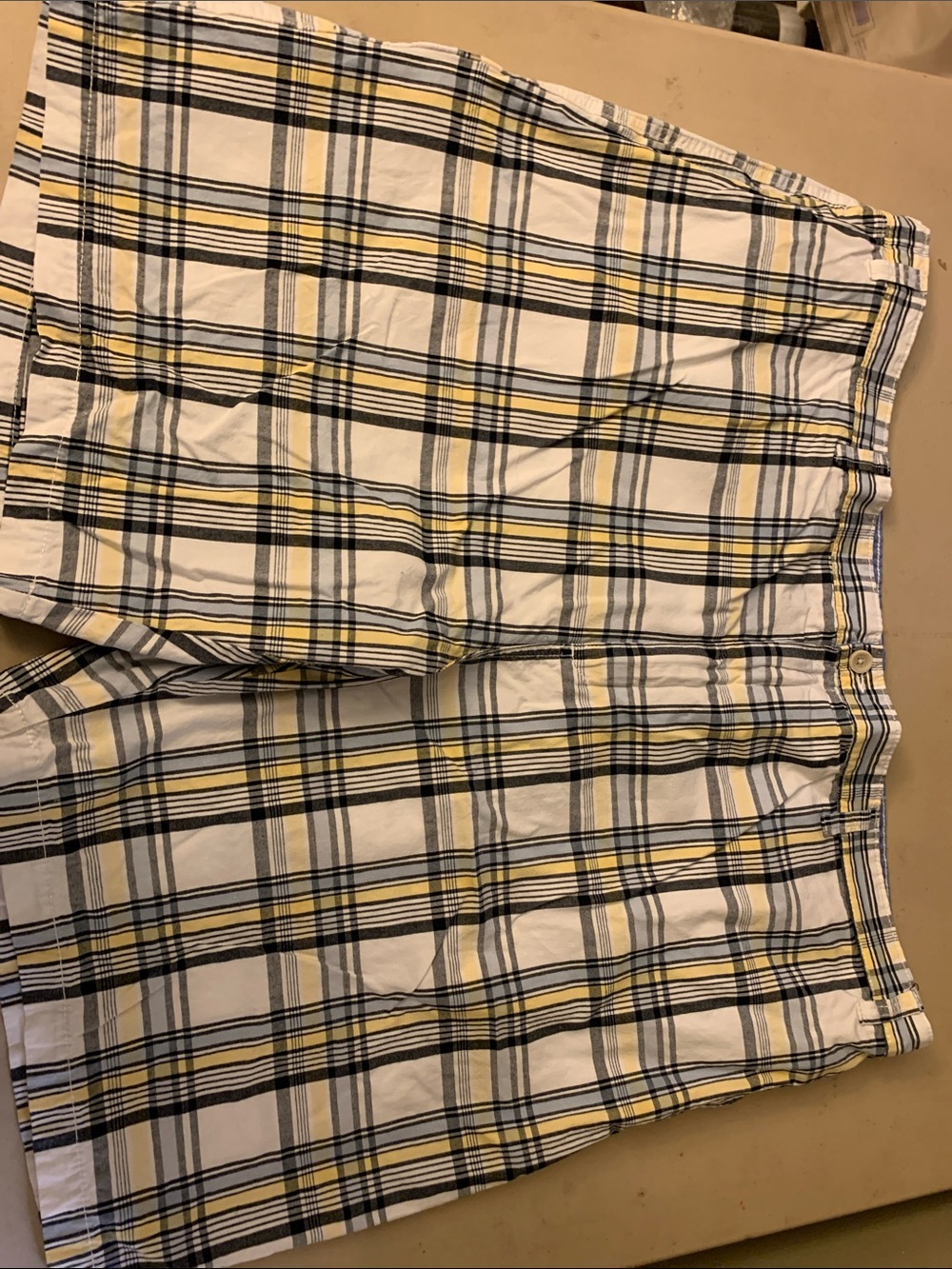 Savane Plaid Flat Front Shorts in White, Yellow & Black